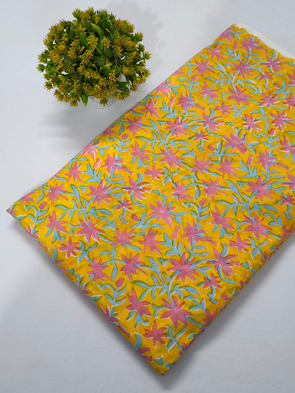 Yellow Floral Sanganeri Block Print Pure Cotton Fabric From Tulsi Prints