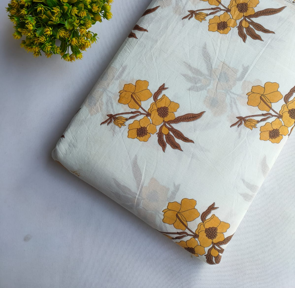 Off White Mustard Yellow Floral Screen Print Pure Cotton Fabric From Tulsi Prints