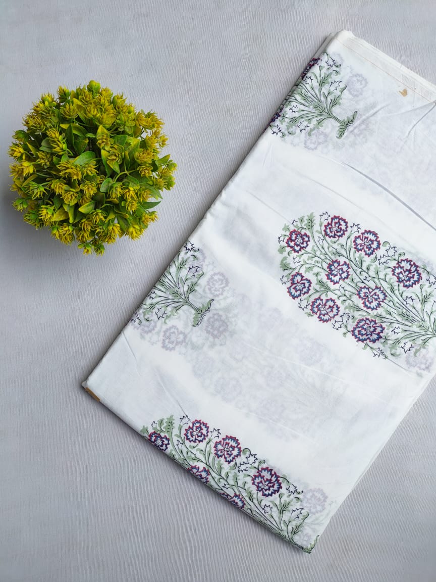 White Floral Sanganeri Block Print Pure Cotton Fabric From Tulsi Prints