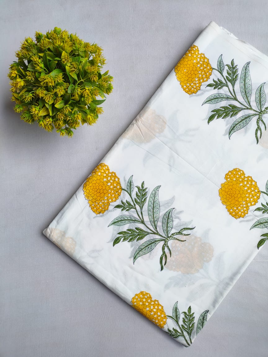 White Floral Sanganeri Block Print Pure Cotton Fabric From Tulsi Prints