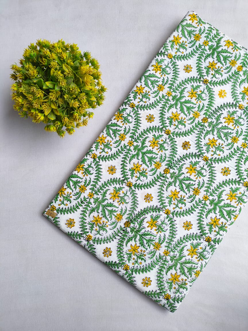 White Floral Sanganeri Hand Block Print Cotton Fabric From Tulsi Prints