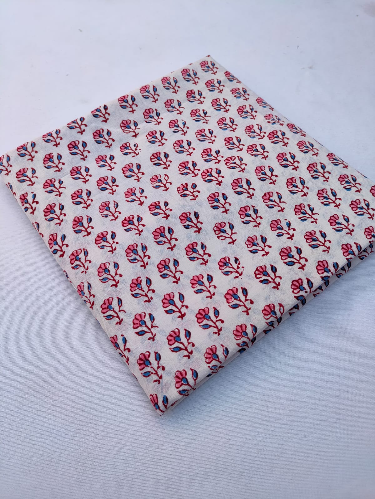 Pink Floral Buti Print White Base Hand Block Pure Cotton Fabric - JBRS631