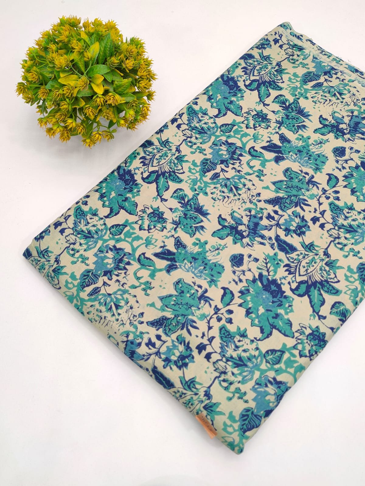 Beige and Blue Floral Screen Print Pure Cotton Fabric From Tulsi Prints