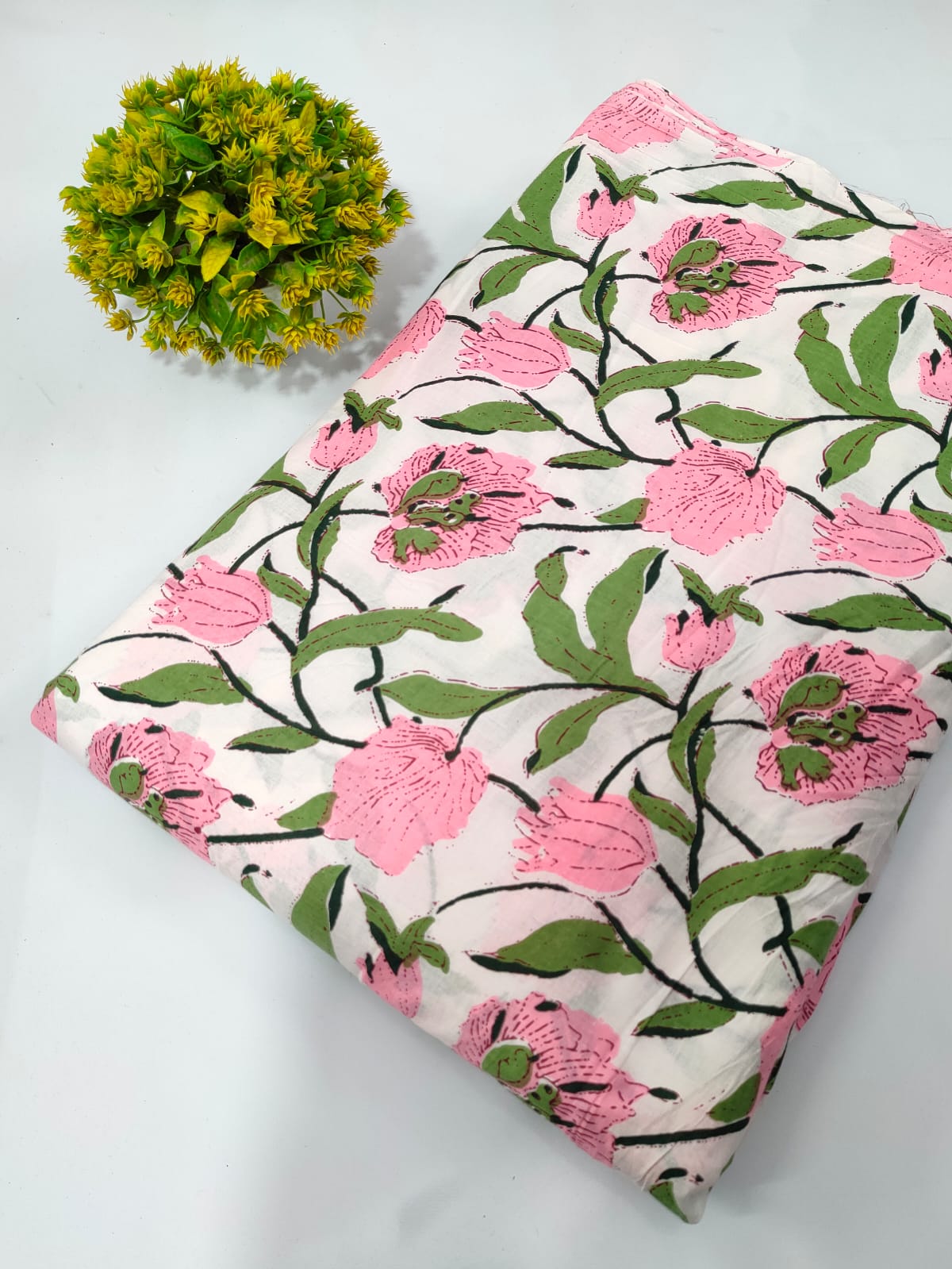 Pink Floral Screen Print Pure Cotton Fabric