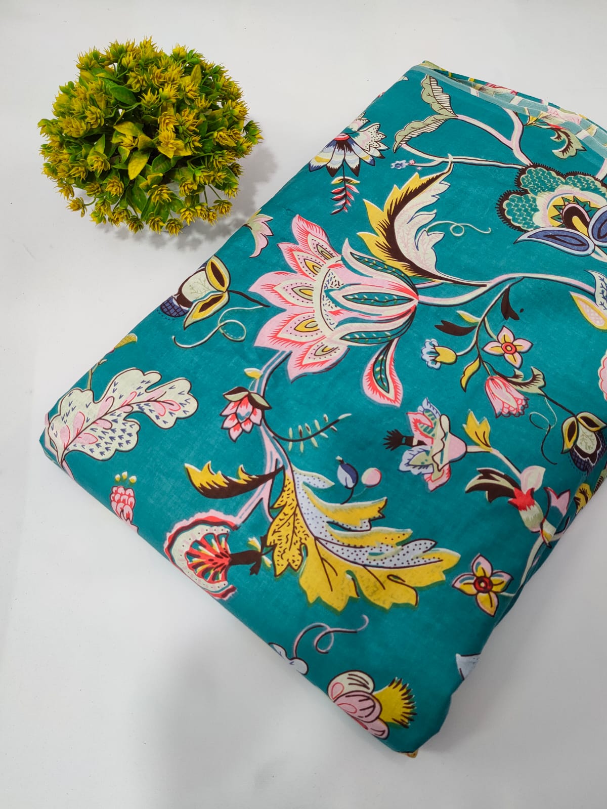 Teal Floral Screen Print Pure Cotton Fabric