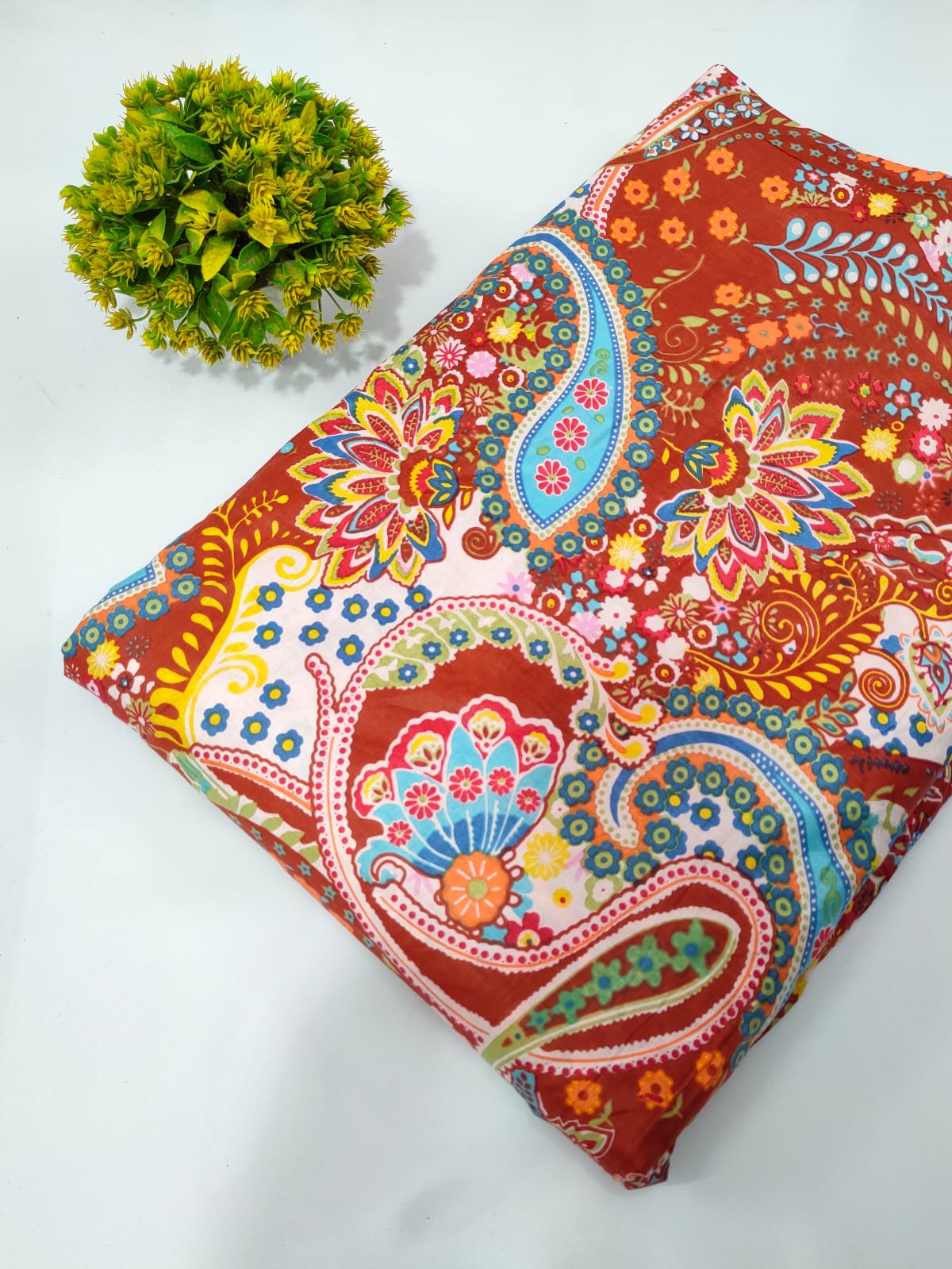 Red Paisley Screen Print Pure Cotton Fabric