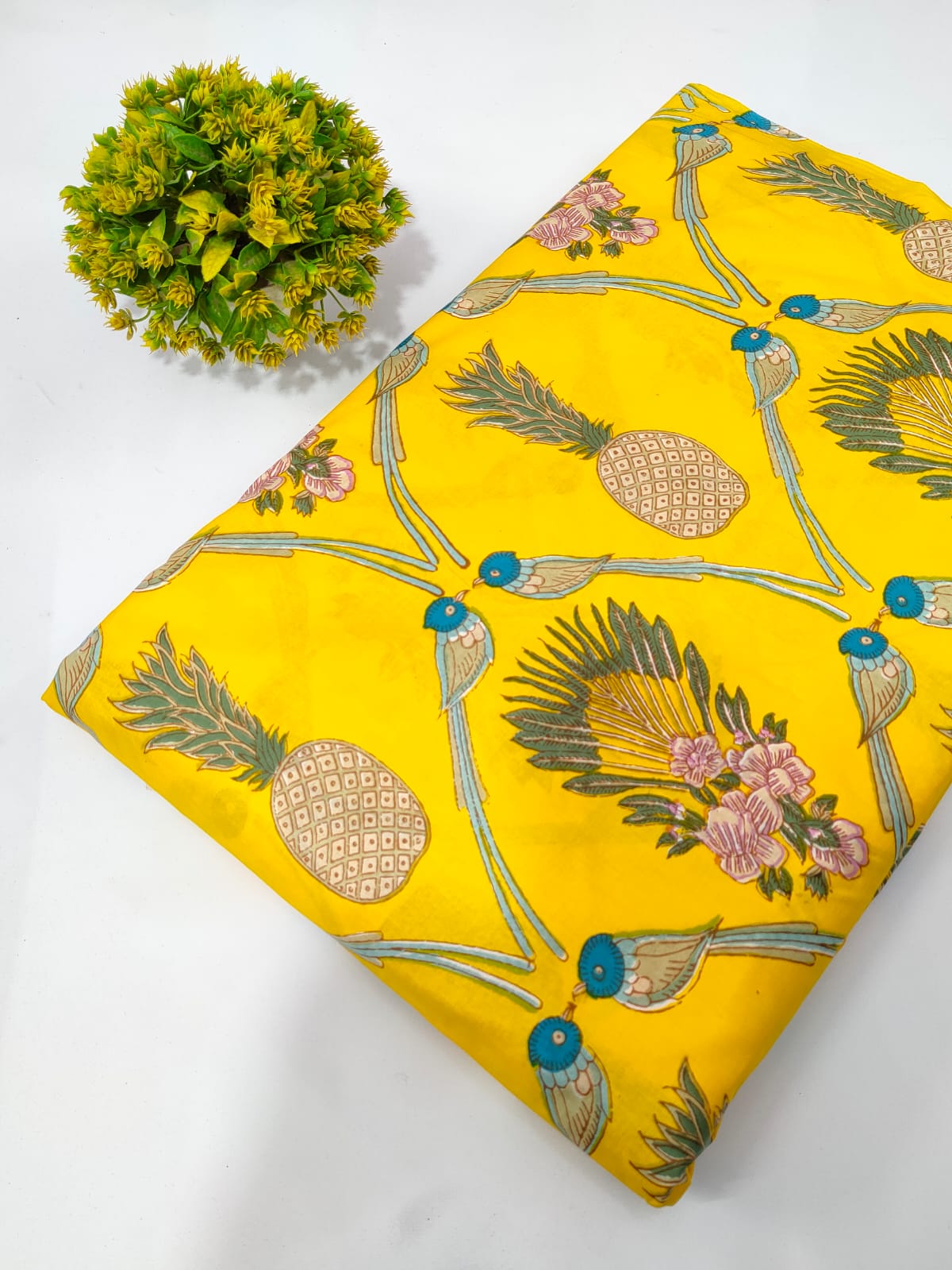 Yellow Pineapple Floral Screen Print Pure Cotton Fabric