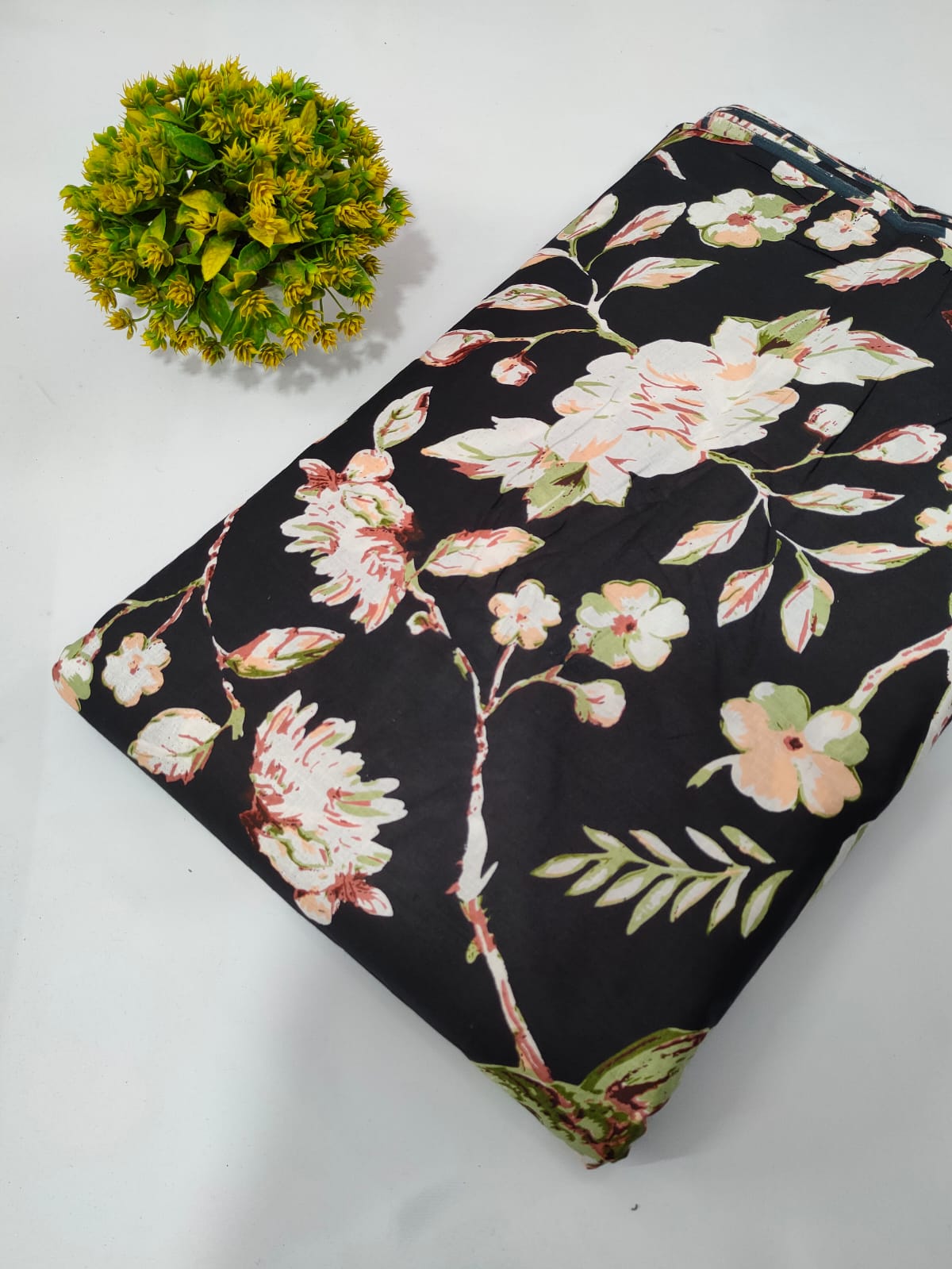 Black Floral Screen Print Pure Cotton Fabric