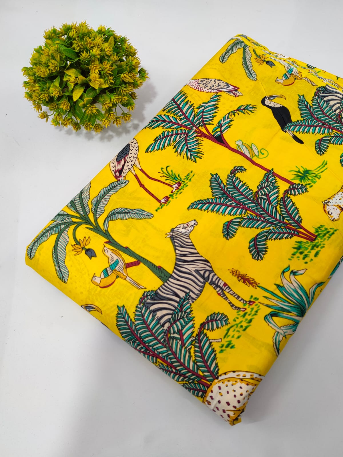 Yellow Animal Motif Screen Print Pure Cotton Fabric