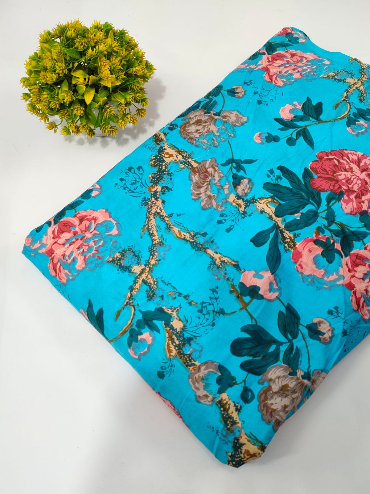 Turquoise Floral Screen Print Pure Cotton Fabric