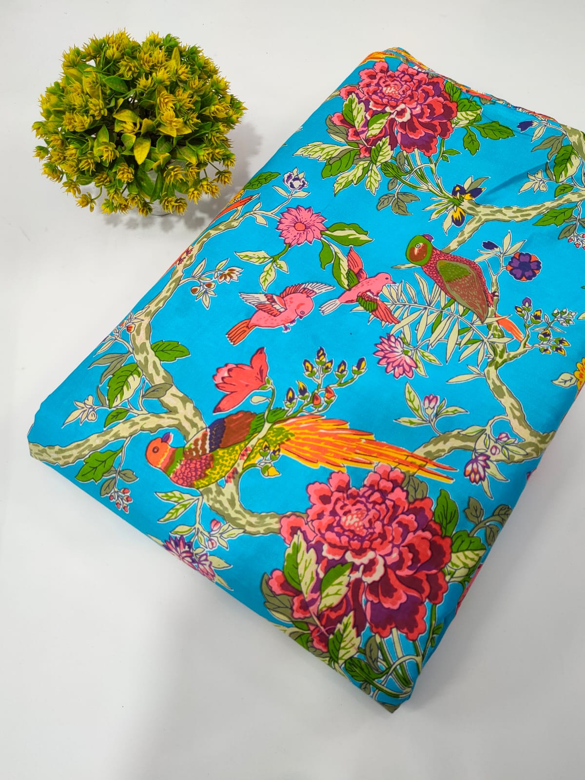 Turquoise Floral Screen Print Pure Cotton Fabric