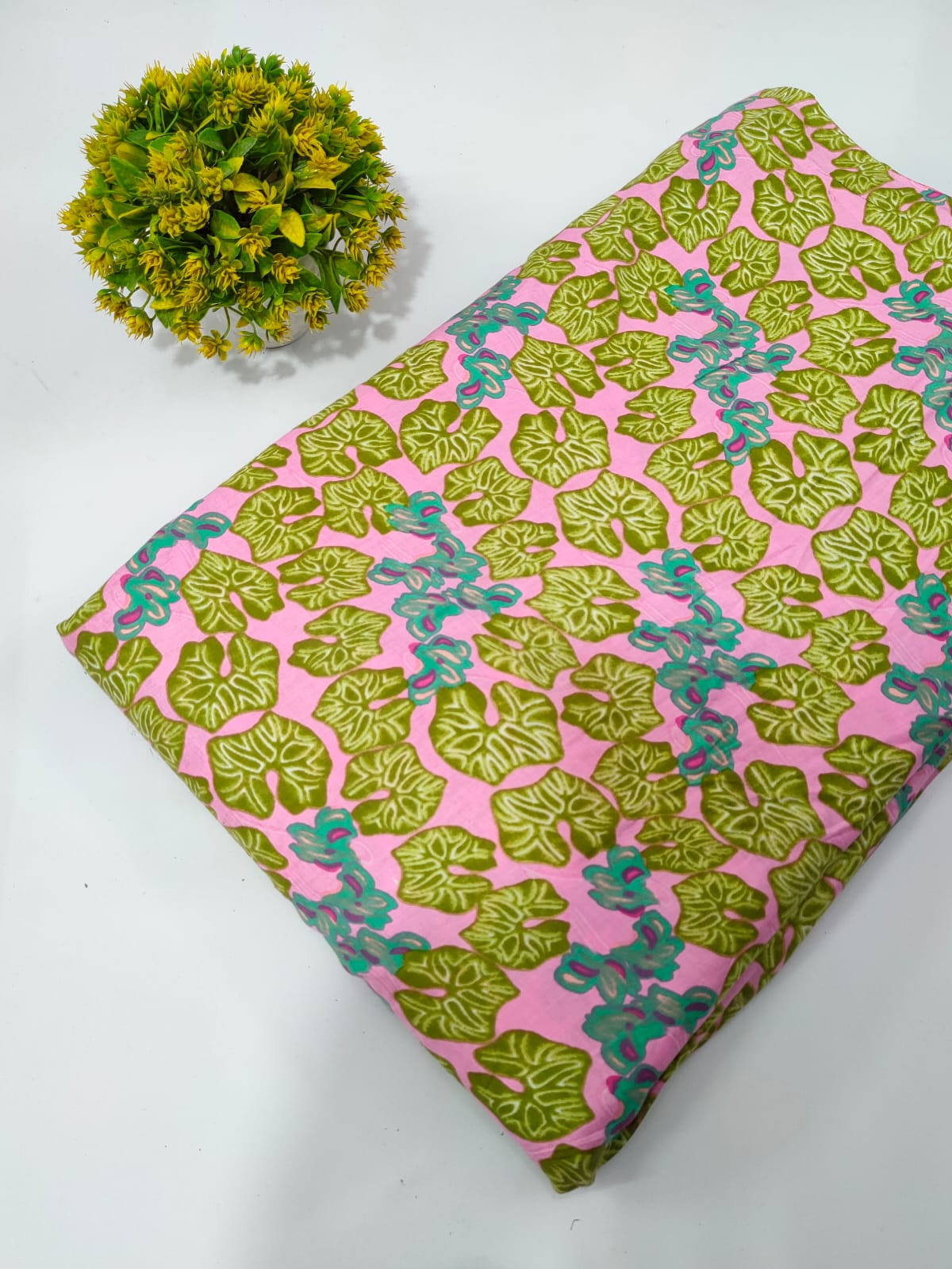Pink Leaf Motif Screen Print Pure Cotton Fabric