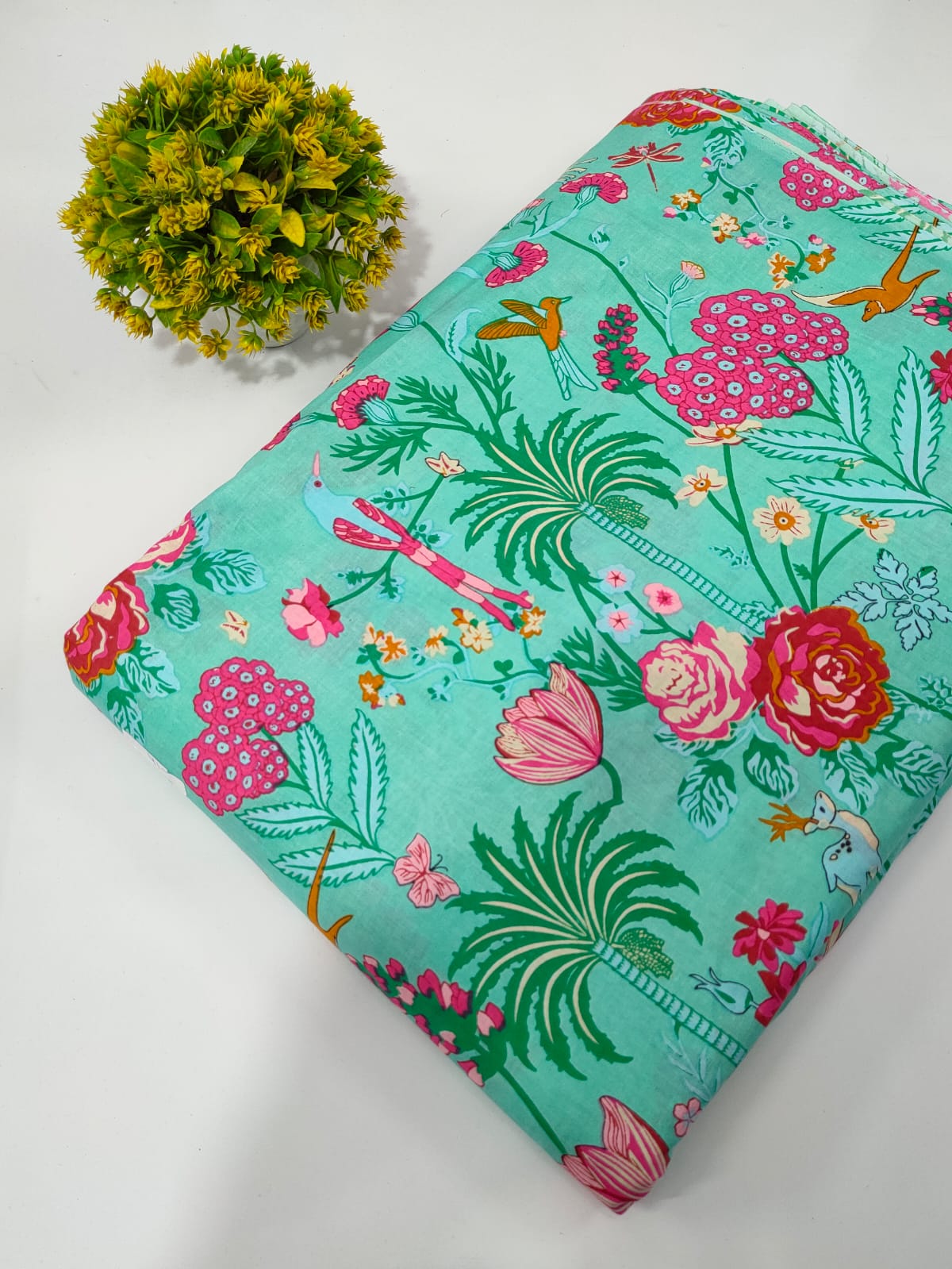 Turquoise Floral Screen Print Pure Cotton Fabric