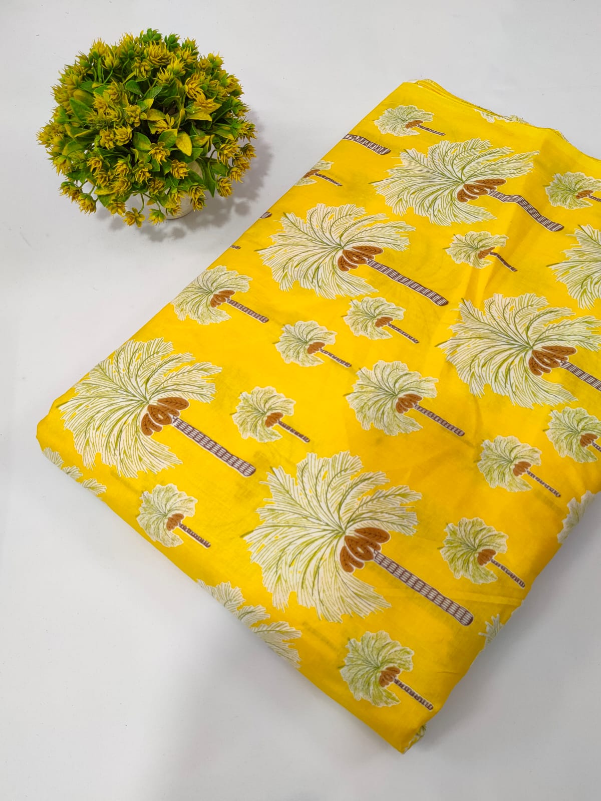 Yellow Palm Tree Screen Print Pure Cotton Fabric