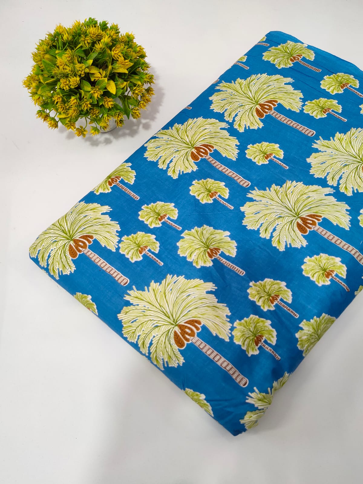 Blue Palm Tree Screen Print Pure Cotton Fabric