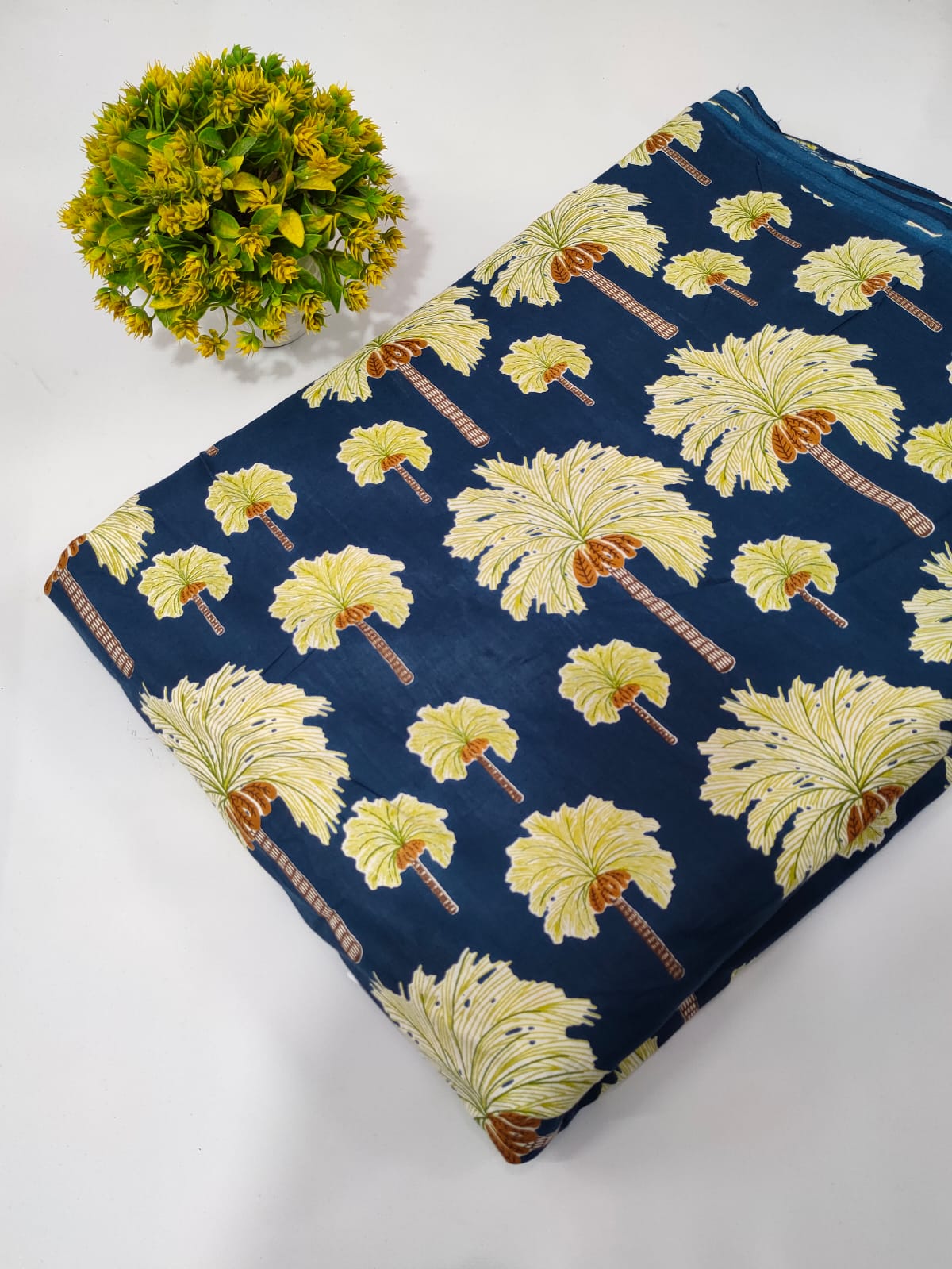 Navy Palm Tree Screen Print Pure Cotton Fabric