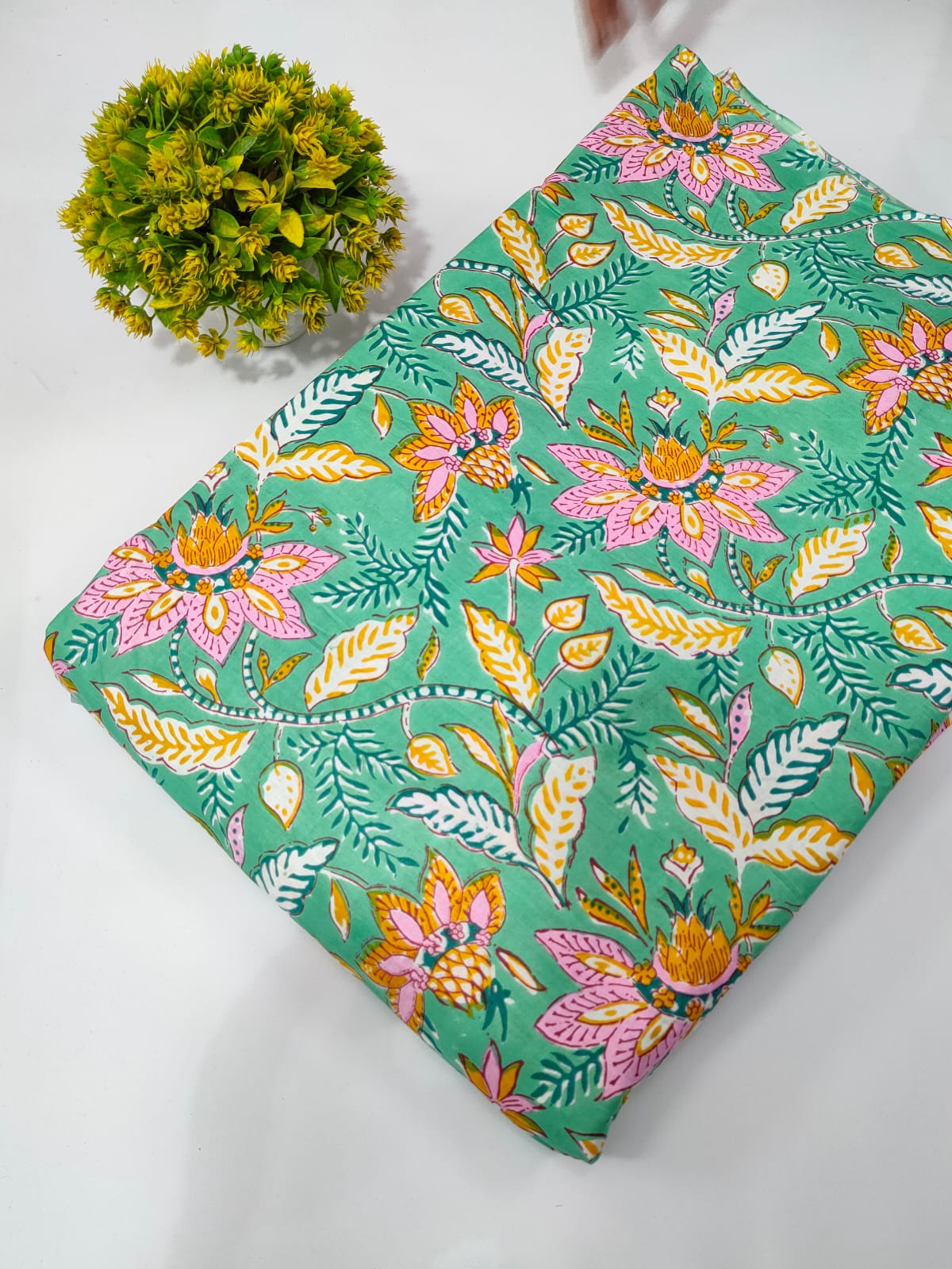 Turquoise Floral Screen Print Pure Cotton Fabric