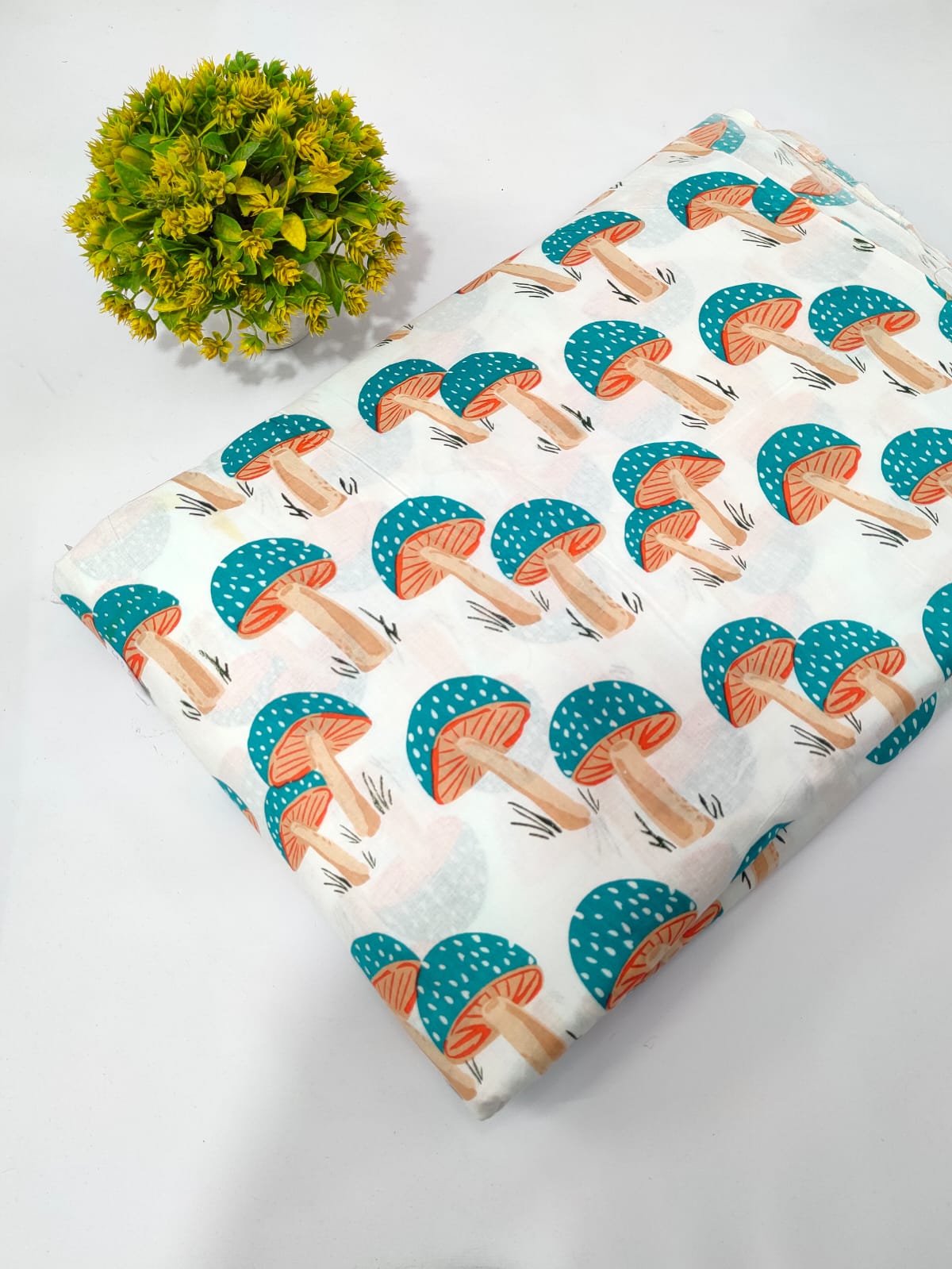 White Mushroom Print Screen Print Pure Cotton Fabric