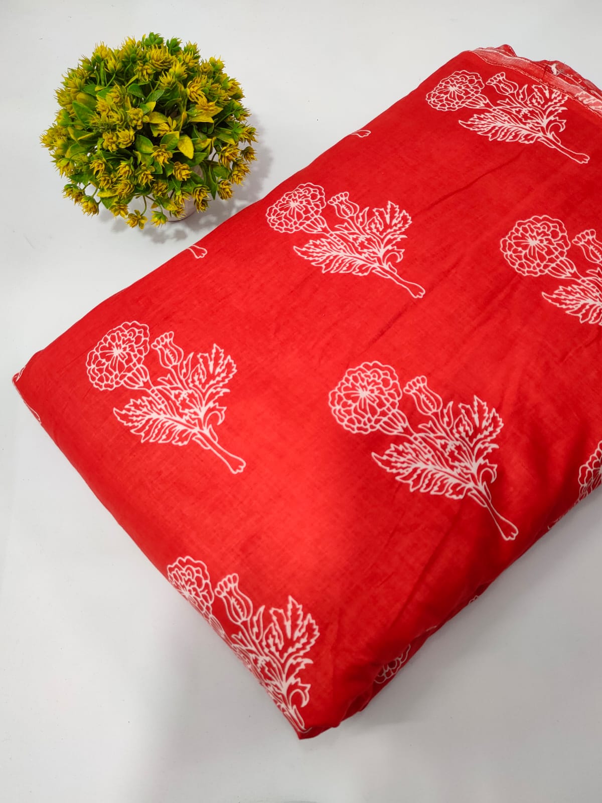 Red Floral Screen Print Pure Cotton Fabric