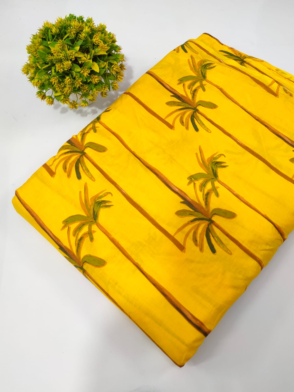 Yellow Palm Tree Screen Print Pure Cotton Fabric