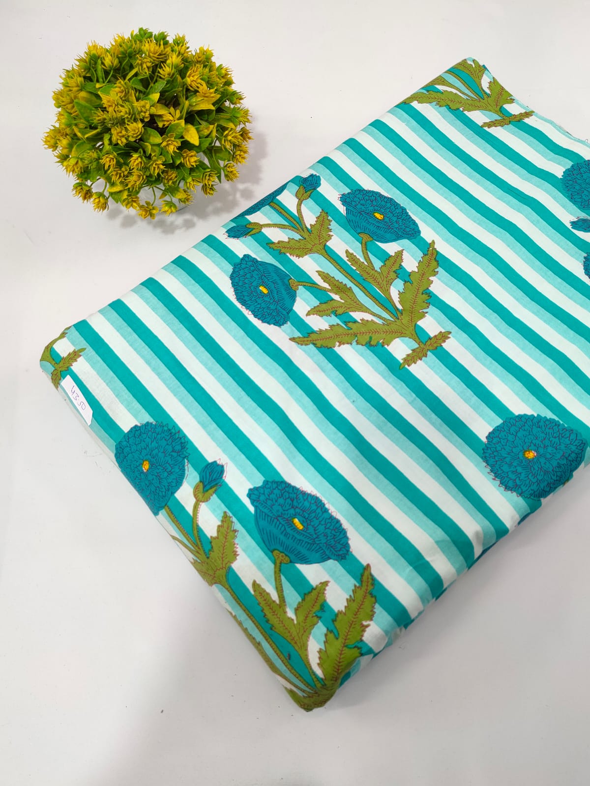 Turquoise Floral Screen Print Pure Cotton Fabric