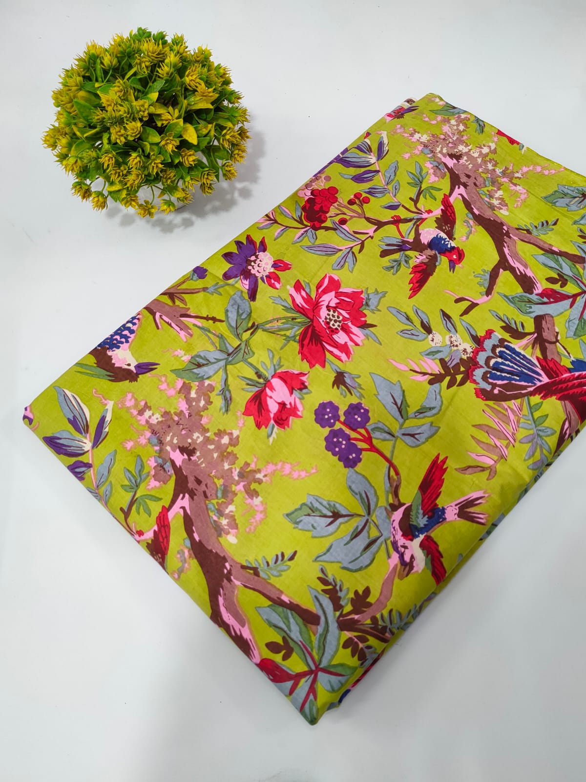 Lime Green Floral Screen Print Pure Cotton Fabric