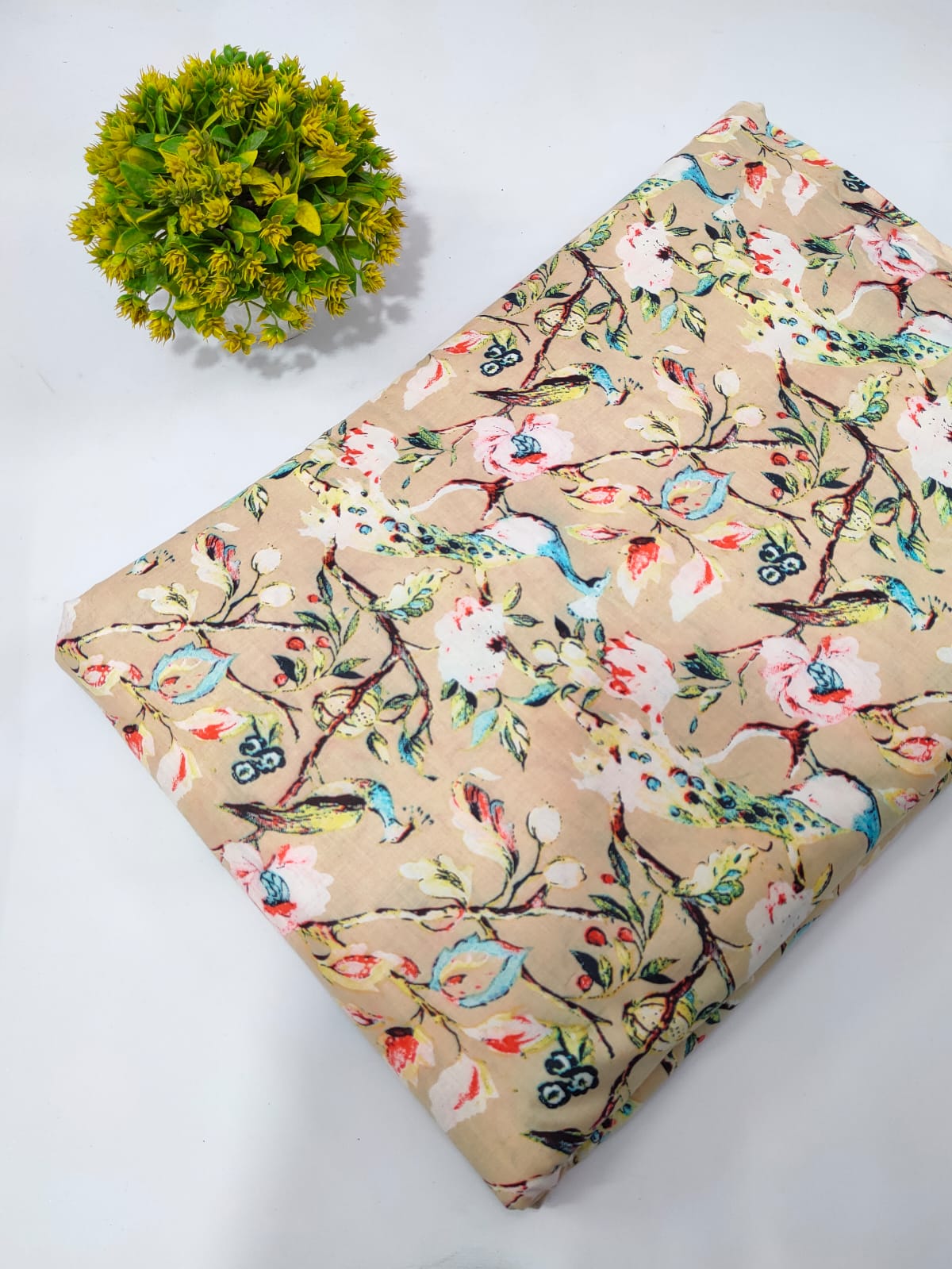 Beige Floral Screen Print Pure Cotton Fabric