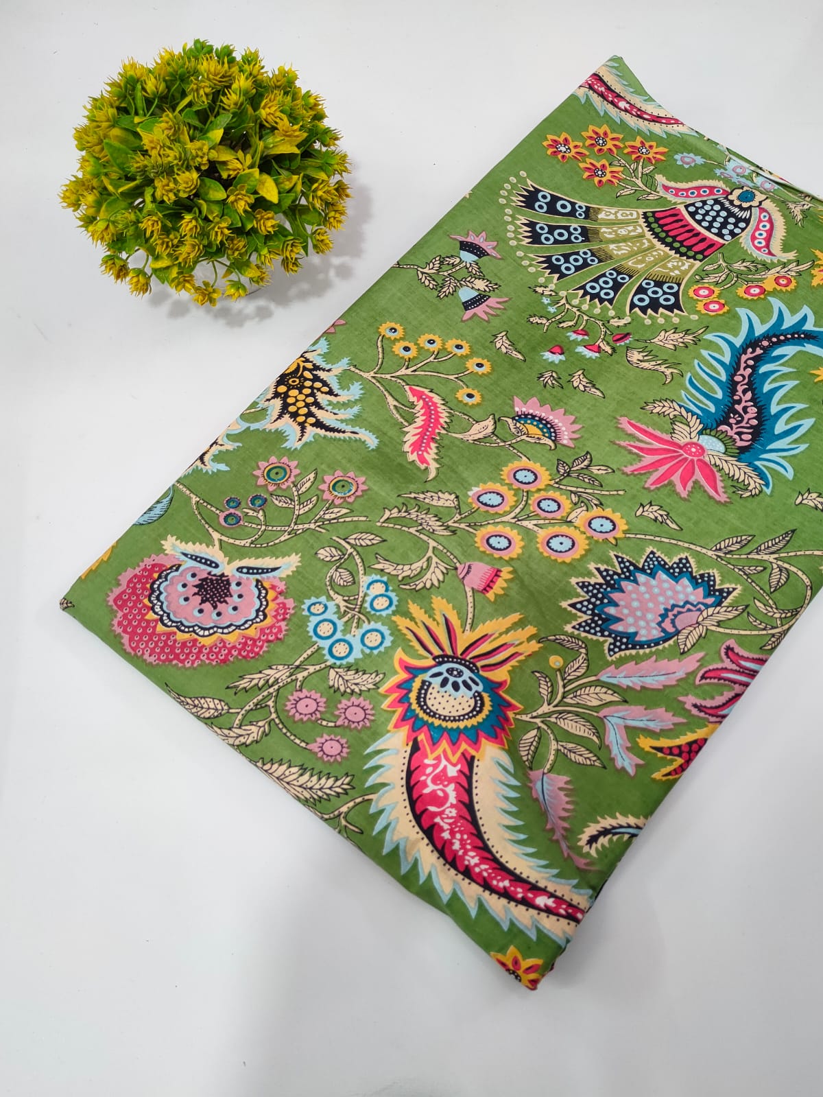 Green Floral Screen Print Pure Cotton Fabric
