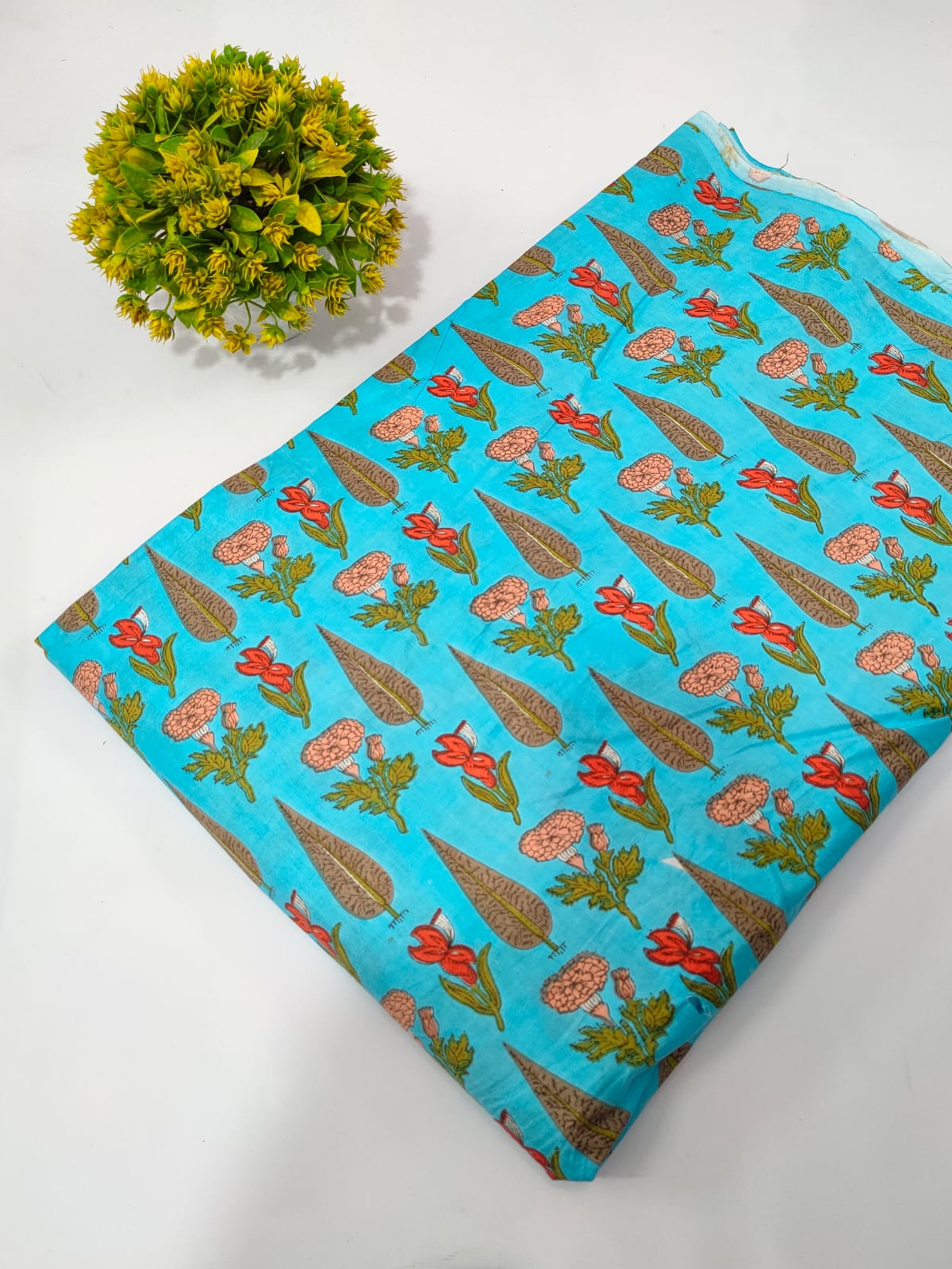 Turquoise Floral Screen Print Pure Cotton Fabric