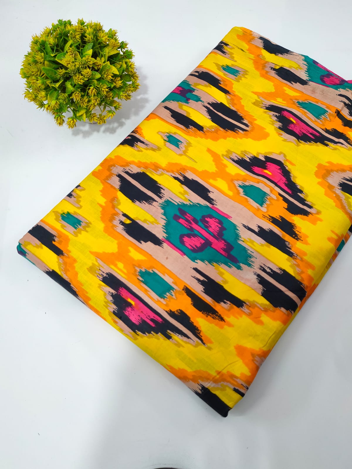 Yellow Ikat Screen Print Pure Cotton Fabric