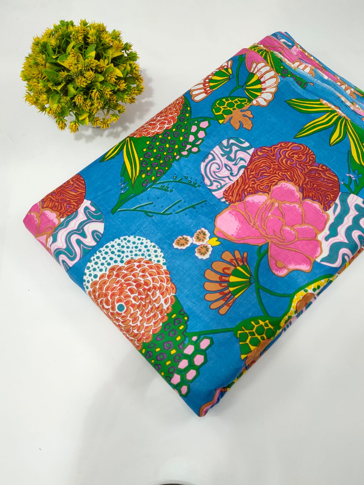 Turquoise Floral Screen Print Pure Cotton Fabric