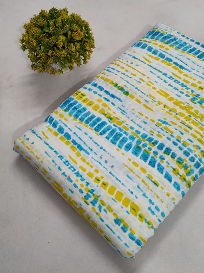 White Blue and Yellow Abstract Screen Print Pure Cotton Fabric From Tulsi Prints