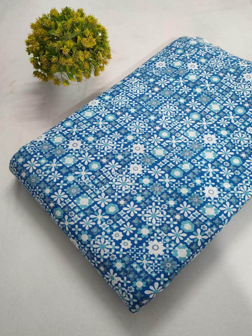 Blue Geometric Screen Print Pure Cotton Fabric From Tulsi Prints