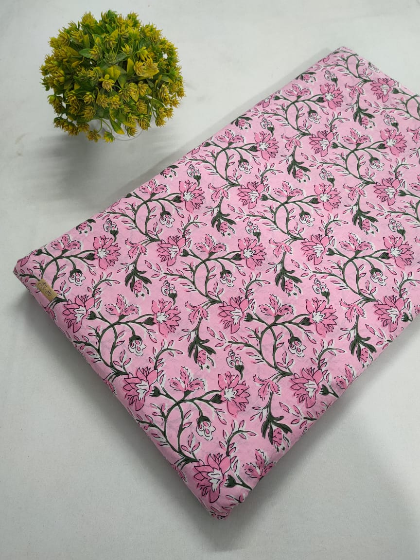 Pink Floral Screen Print Pure Cotton Fabric From Tulsi Prints