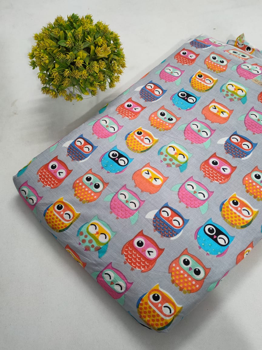Grey Colorful Owl Screen Print Pure Cotton Fabric From Tulsi Prints