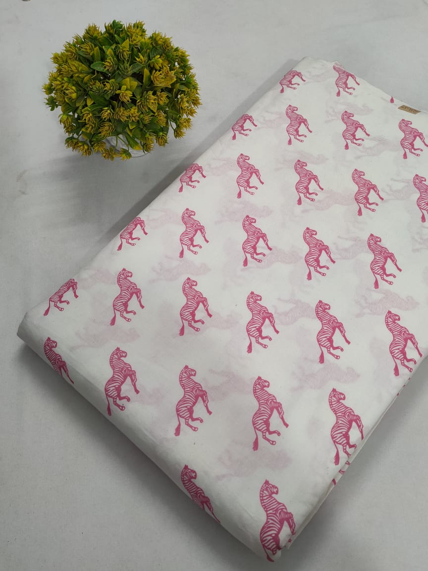 Pink Zebra Motif Screen Print Pure Cotton Fabric From Tulsi Prints