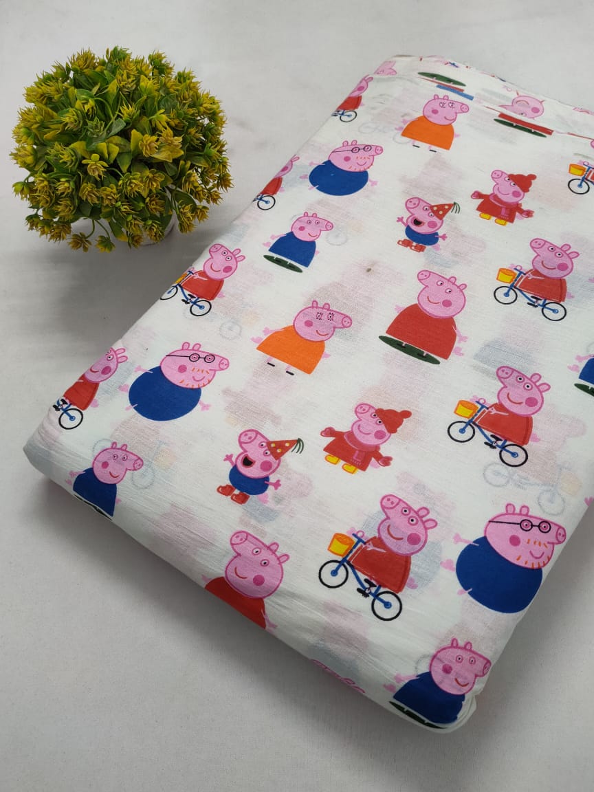 Pink Cartoon Character Screen Print Pure Cotton Fabric From Tulsi Prints