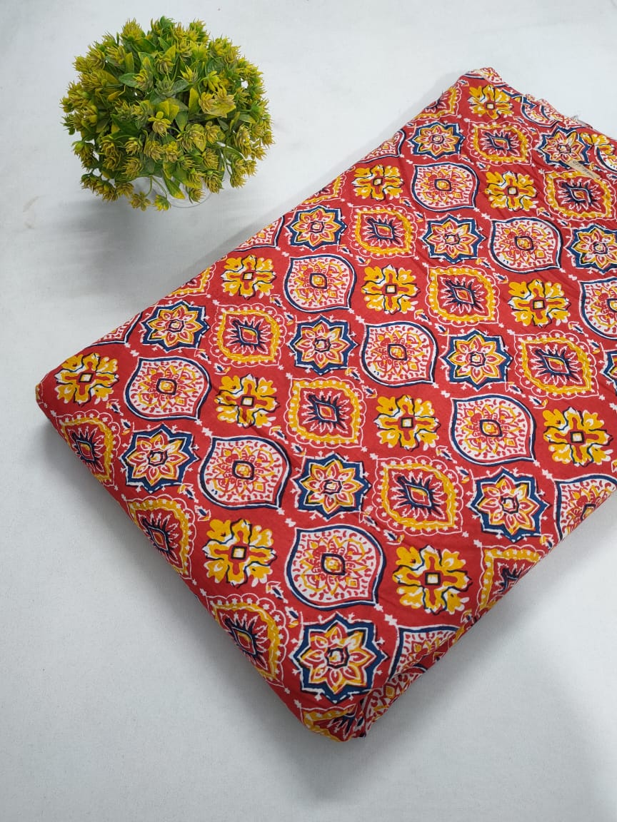 Red Floral Mandala Screen Print Pure Cotton Fabric From Tulsi Prints