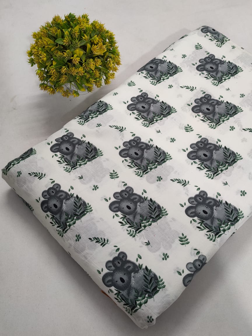 White Koala and Leaf Screen Print Pure Cotton Fabric From Tulsi Prints