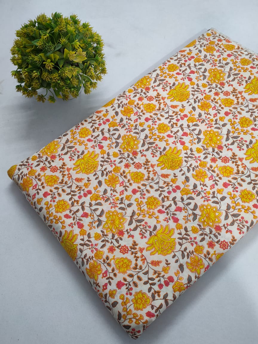 Cream Floral Screen Print Pure Cotton Fabric From Tulsi Prints