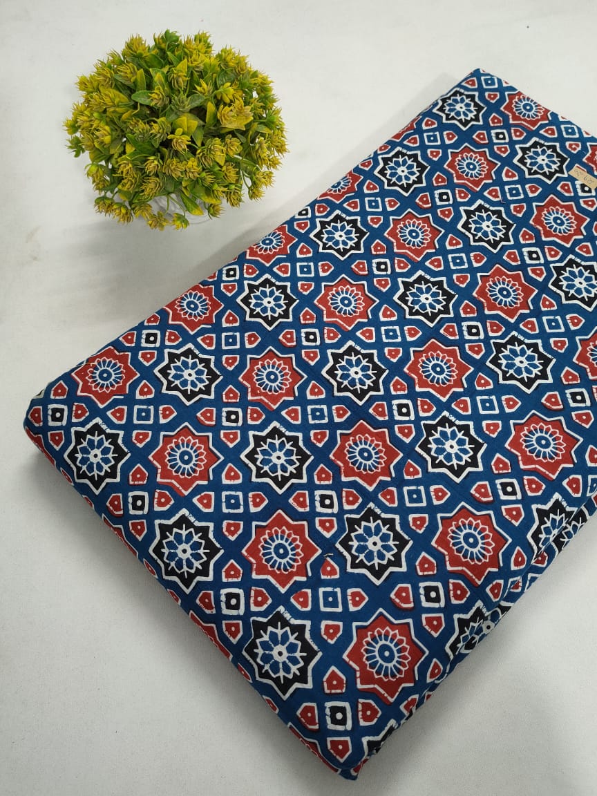 Navy Blue Geometric Screen Print Pure Cotton Fabric From Tulsi Prints
