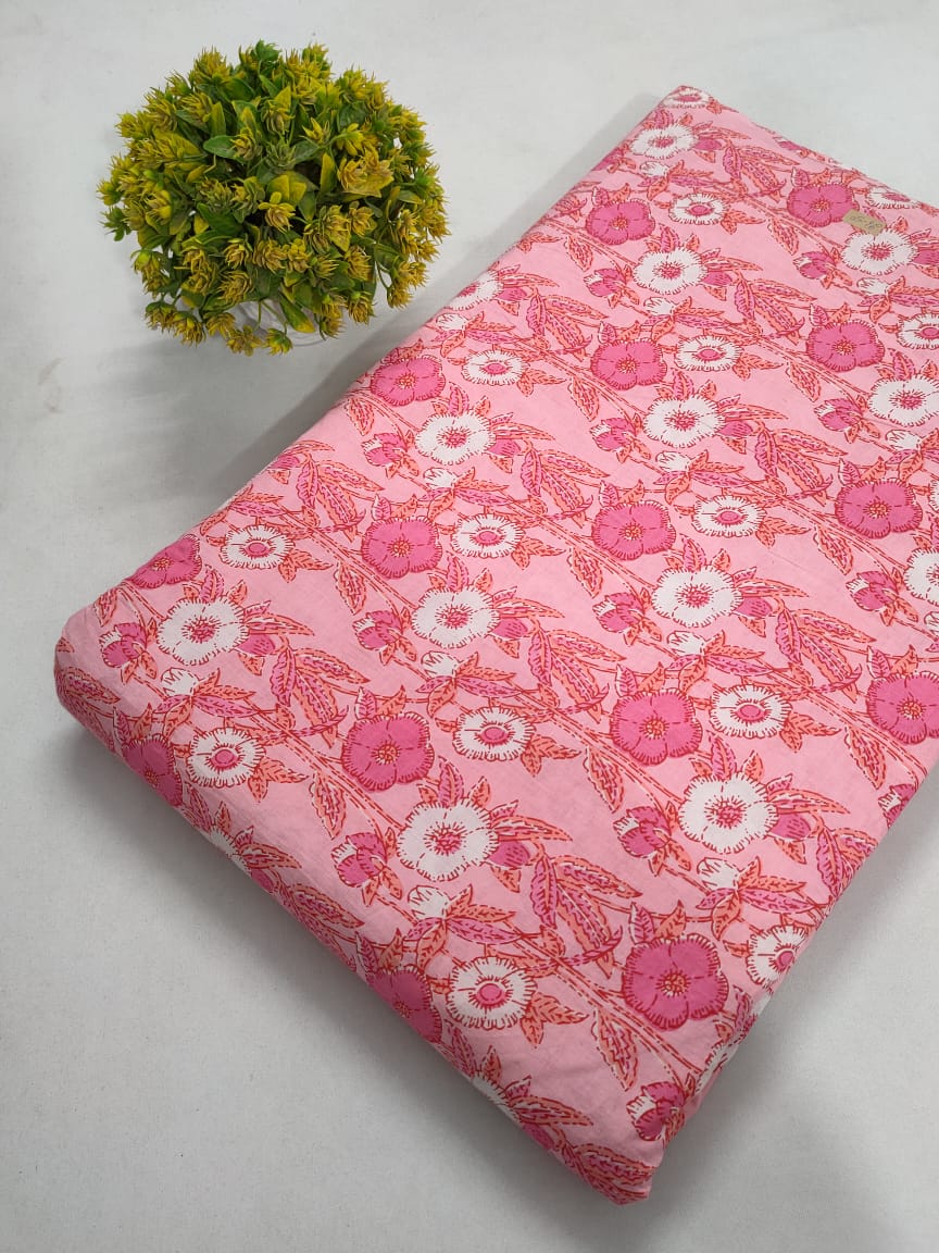 Pink Floral Screen Print Pure Cotton Fabric From Tulsi Prints