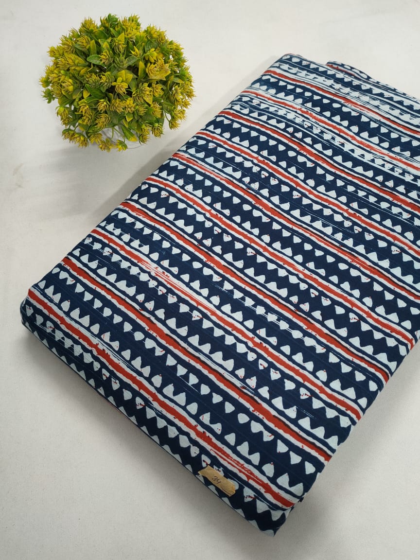 Navy Blue Geometric Screen Print Pure Cotton Fabric From Tulsi Prints