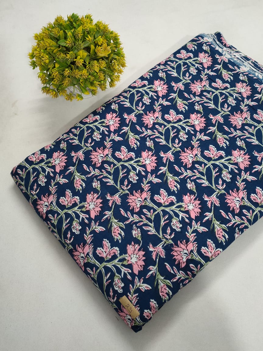 Navy Blue Floral Screen Print Pure Cotton Fabric From Tulsi Prints