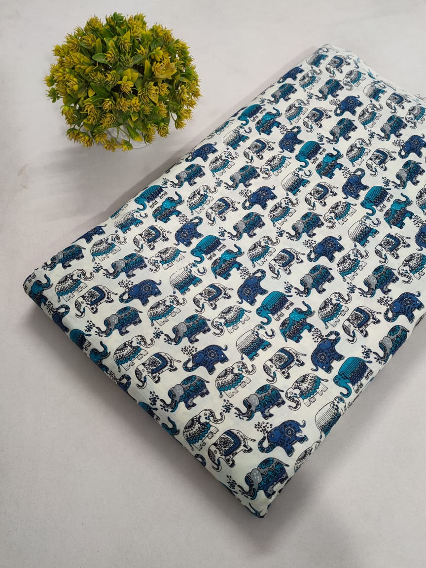 Blue Elephant Motif Screen Print Pure Cotton Fabric From Tulsi Prints
