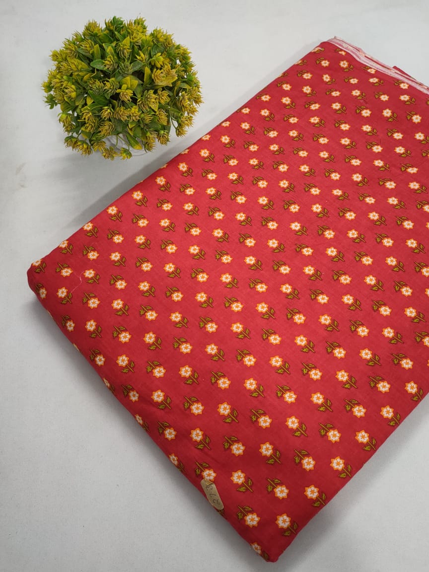 Red Floral Screen Print Pure Cotton Fabric From Tulsi Prints