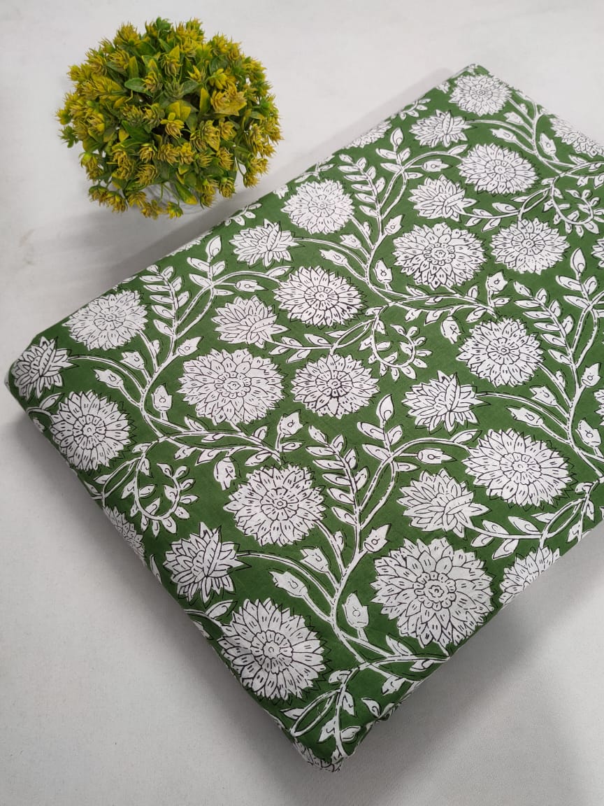Green Floral Screen Print Pure Cotton Fabric From Tulsi Prints