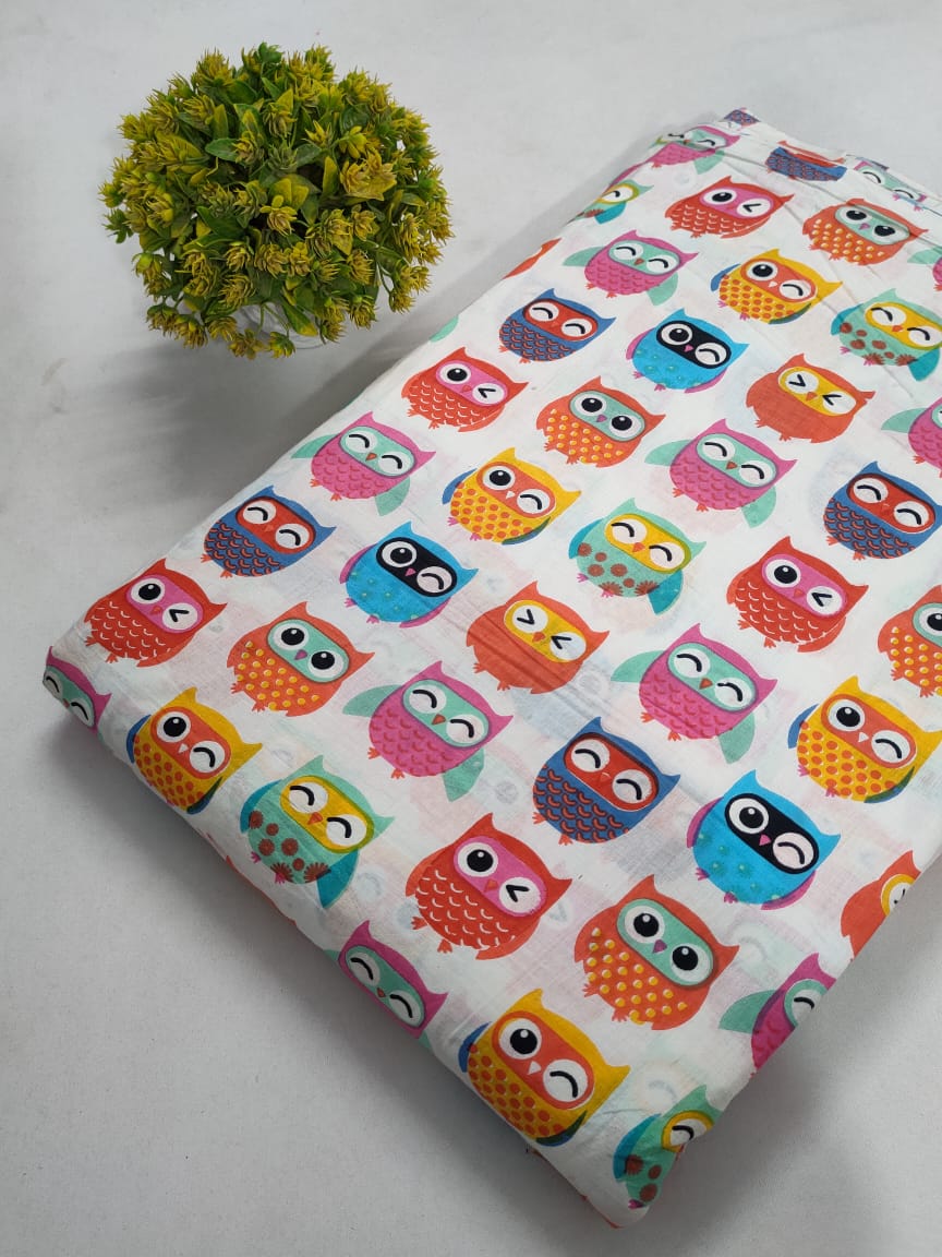 Multicolor Owl Print Screen Print Pure Cotton Fabric From Tulsi Prints