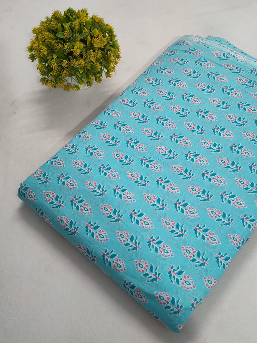 Turquoise Floral Boota Screen Print Pure Cotton Fabric From Tulsi Prints