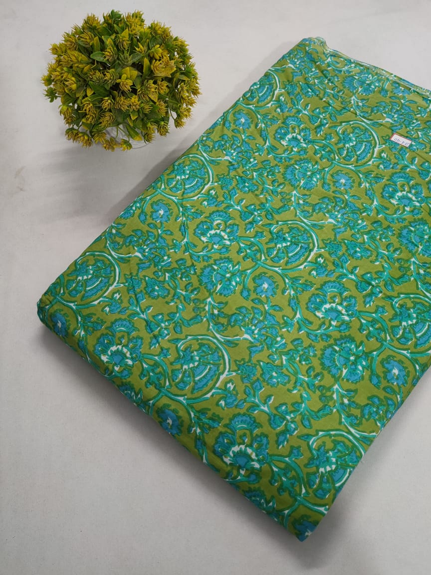 Green Floral Screen Print Pure Cotton Fabric From Tulsi Prints